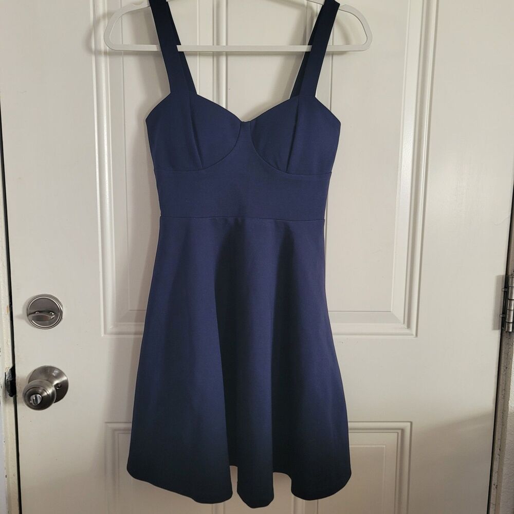 Lulus Lined Sleeveless Skater Dress Navy Blue, Stretch Twirl Party Dance Heart - Picture 5 of 12